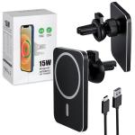 Беспроводная зарядка 15W + Автомобильный держатель магнитный черный (100шт/кор)